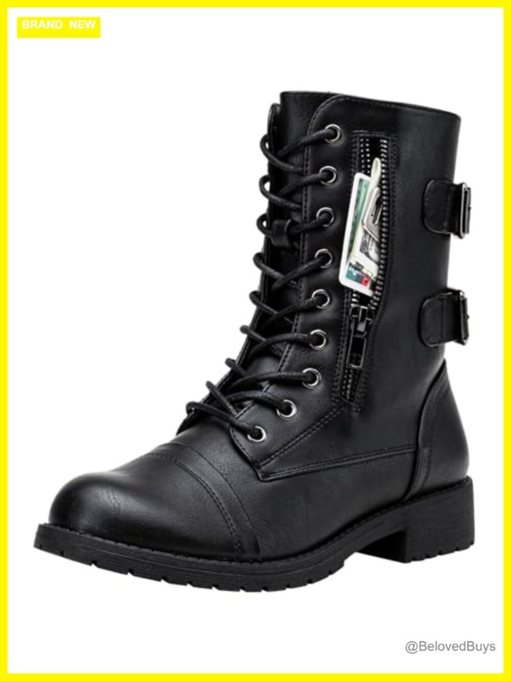 Vepose Mid Calf Combat Boots Lace Up Faux Leather Functional Pocket